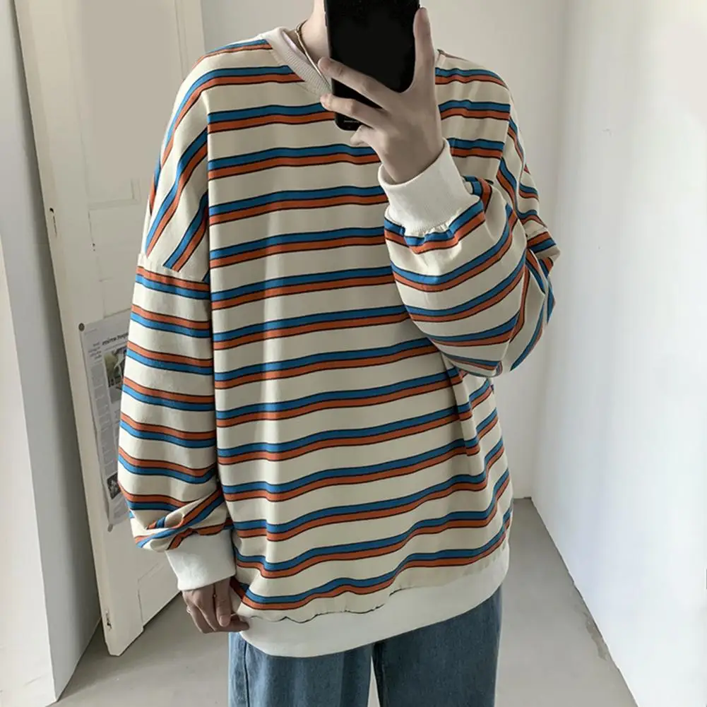 

Autumn T-shirt Round Neck Streetwear Warm Color Matching Spring Tops Men Autumn Tops for Daily Wear