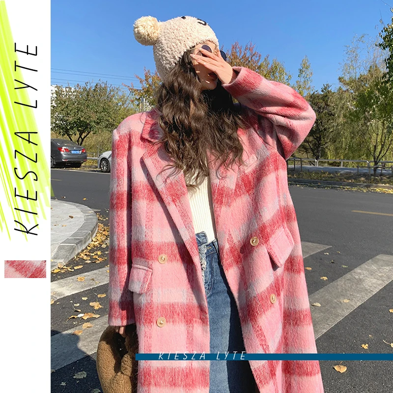 

Розовое клетчатое теплое шерстяное пальто для женщин средней длины осень зима 2023 новое шерстяное пальто трендовая модная верхняя одежда