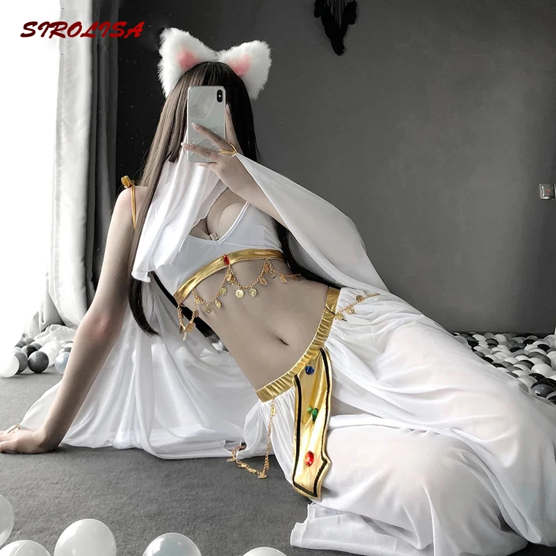 

Sexy Stage Costumes Chiffon See Through Women Lingerie White Long Dresses Historical Cosplay Costumes Erotic Underwear Set 2021