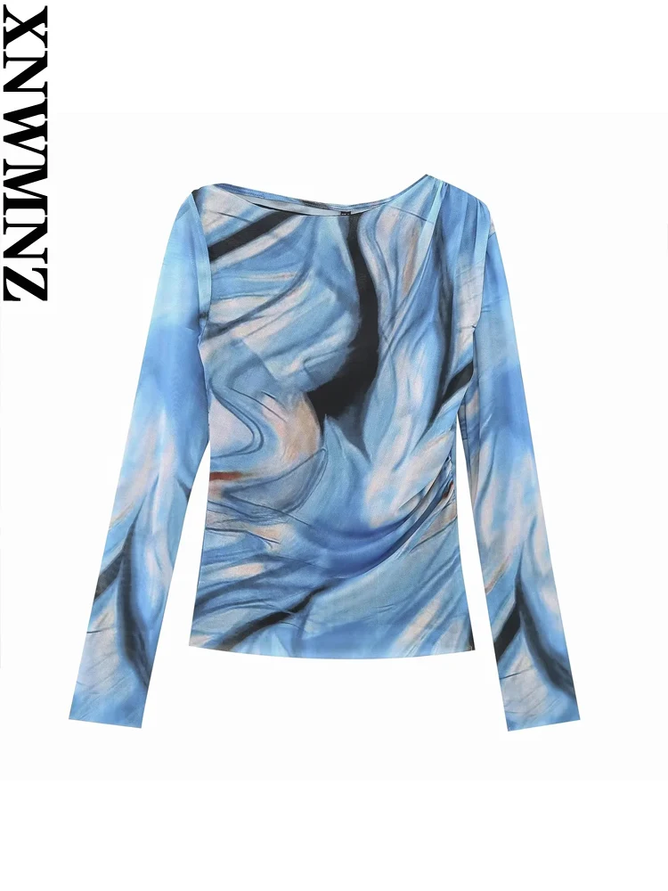 

XNWMNZ 2023 Women Fashion Printed Mesh Long Sleeve Top or Retro High Waist Tie Mesh Midi Skirt Female Chic Two-piece Set