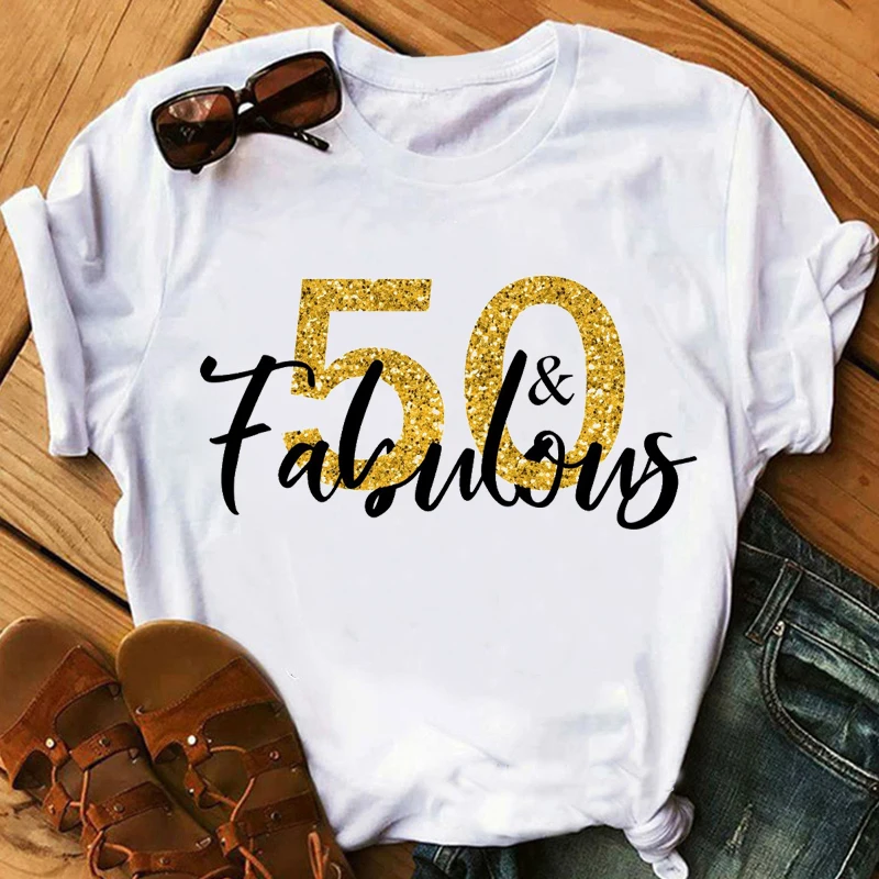 

Golden 50th Fabulous Birthday Gift T-Shirt Women'S Clothing Tshirt Femme Harajuku Shirt Summer Fashion white T Shirt Tops