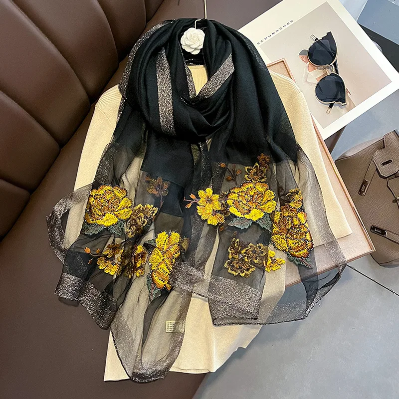 

2023 Summer Long Silk wool Scarf Shawl Wraps Female embroidery Beach Stoles Hijab Pashmina Bufanda Ladies Folral Head Scarves