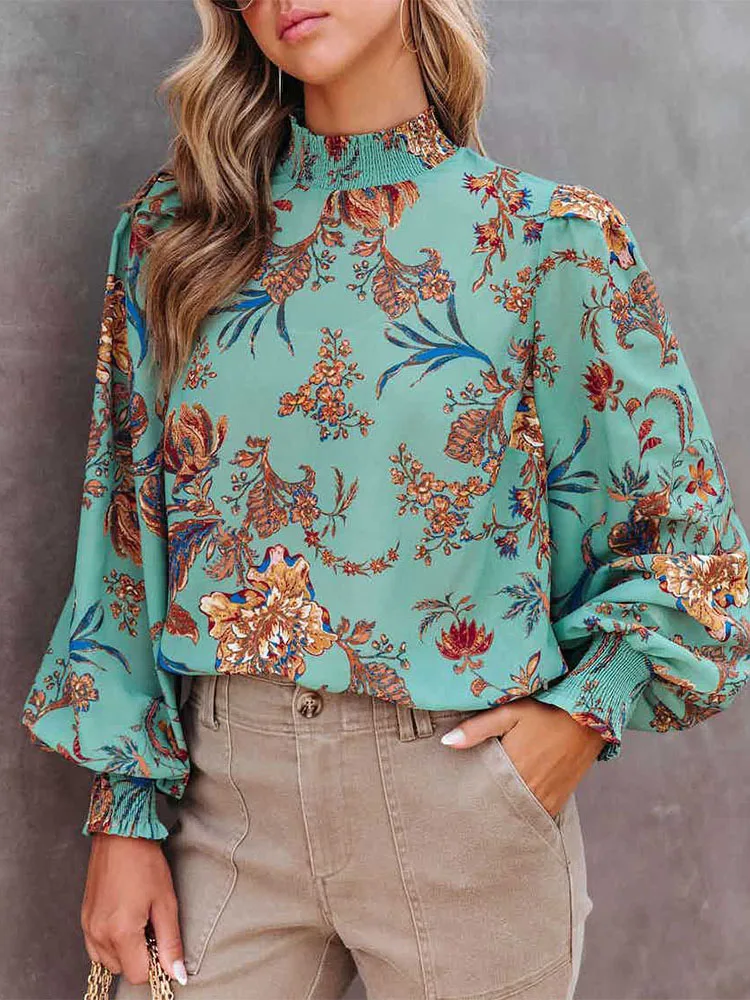 

Женская офисная блузка с круглым вырезом, длинным рукавом-фонариком