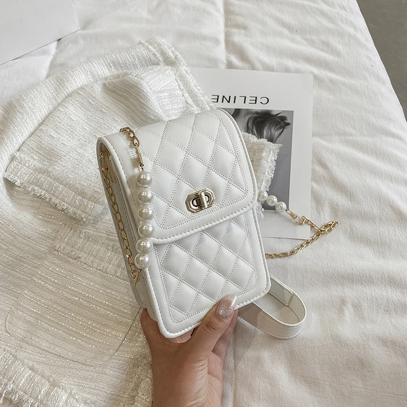 

227910 Universal Mobile Phone Pouch Bag For iPhone 13 12 11 Pro Max Case White Leather Lingge Shoulder Bag Pocket Purse