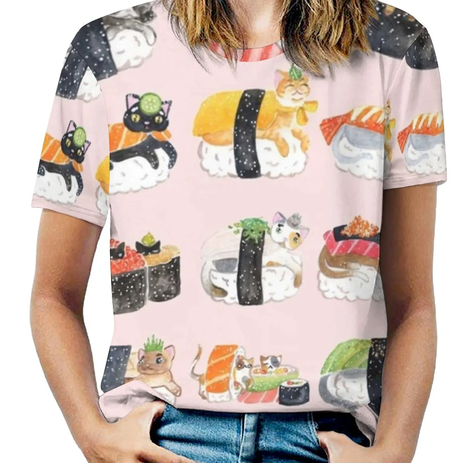 

Nekozushi Fashion Print Women Ladies Girls T-Shirt Harajuku Round Neck Short Sleeve Tops & Tees Sushi Cats Nekozushi