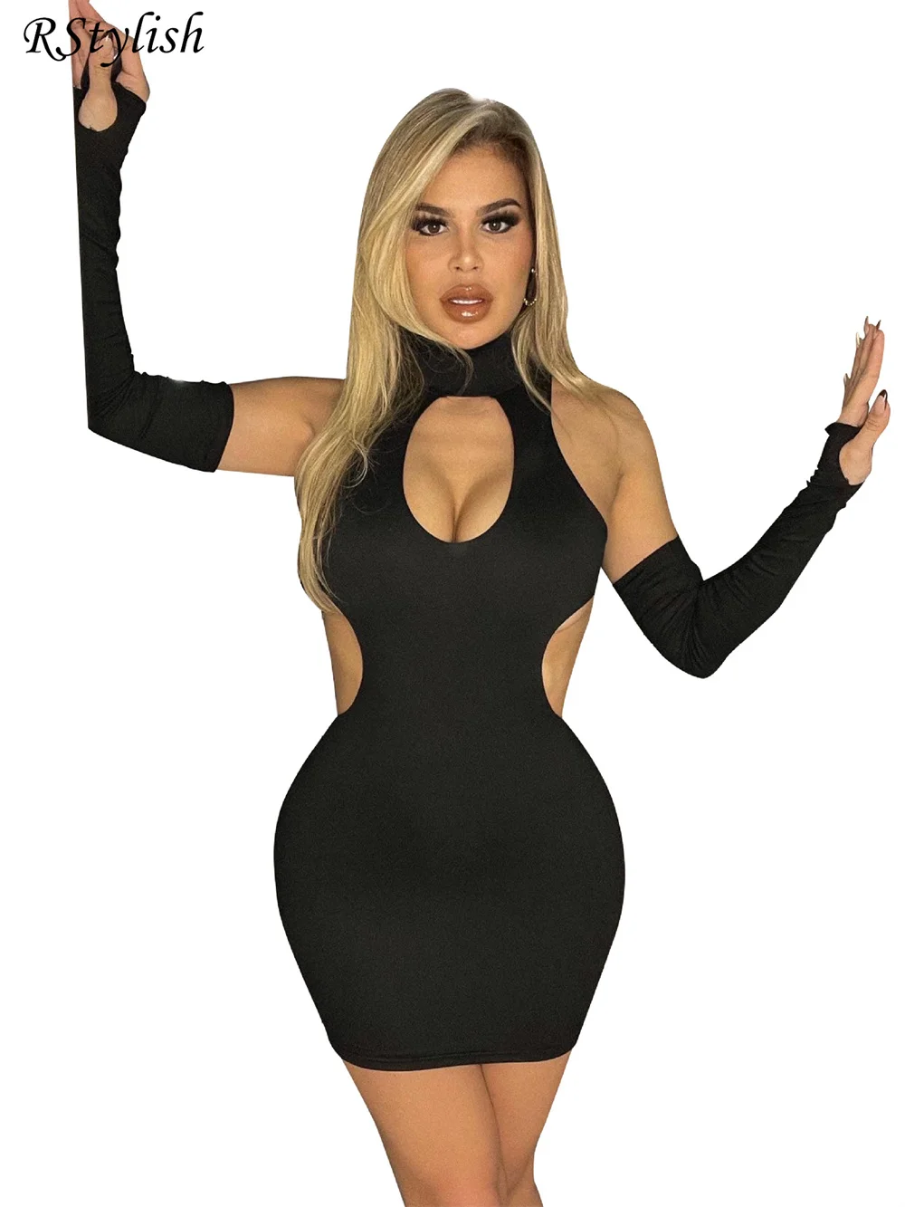 

RStylish Skinny Night Party Dresses Sexy Hollow Out Turtleneck With Gloves Women Clubwear Fashion Spring Hot Bodycon Mini Dress