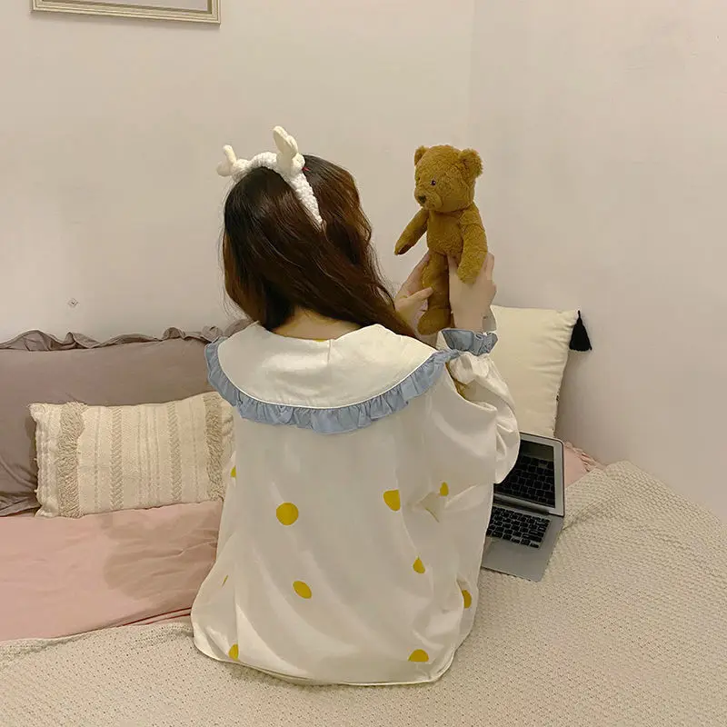 QWEEK Kawaii Pajama Womens Two Piece Sets Polka Dots Ruffles Pijamas Navy Collar Sleepwear  Loungewear Spring Autumn Pyjamas