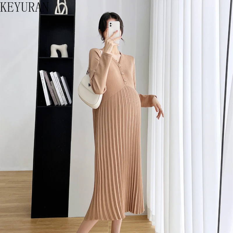 

Maternity Dress Autumn Winter New 2021 Fashion V-neck Knitted Pleated Mid-length Over-the-knee Nursing Sweater Pregnancy Dress