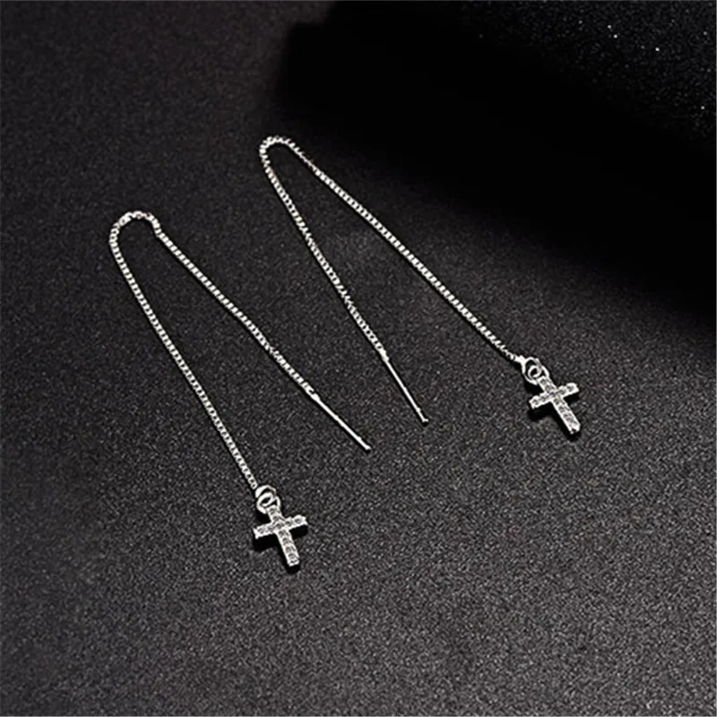 Модные висячие серьги с кисточками и цепочкой цирконом крестом для женщин