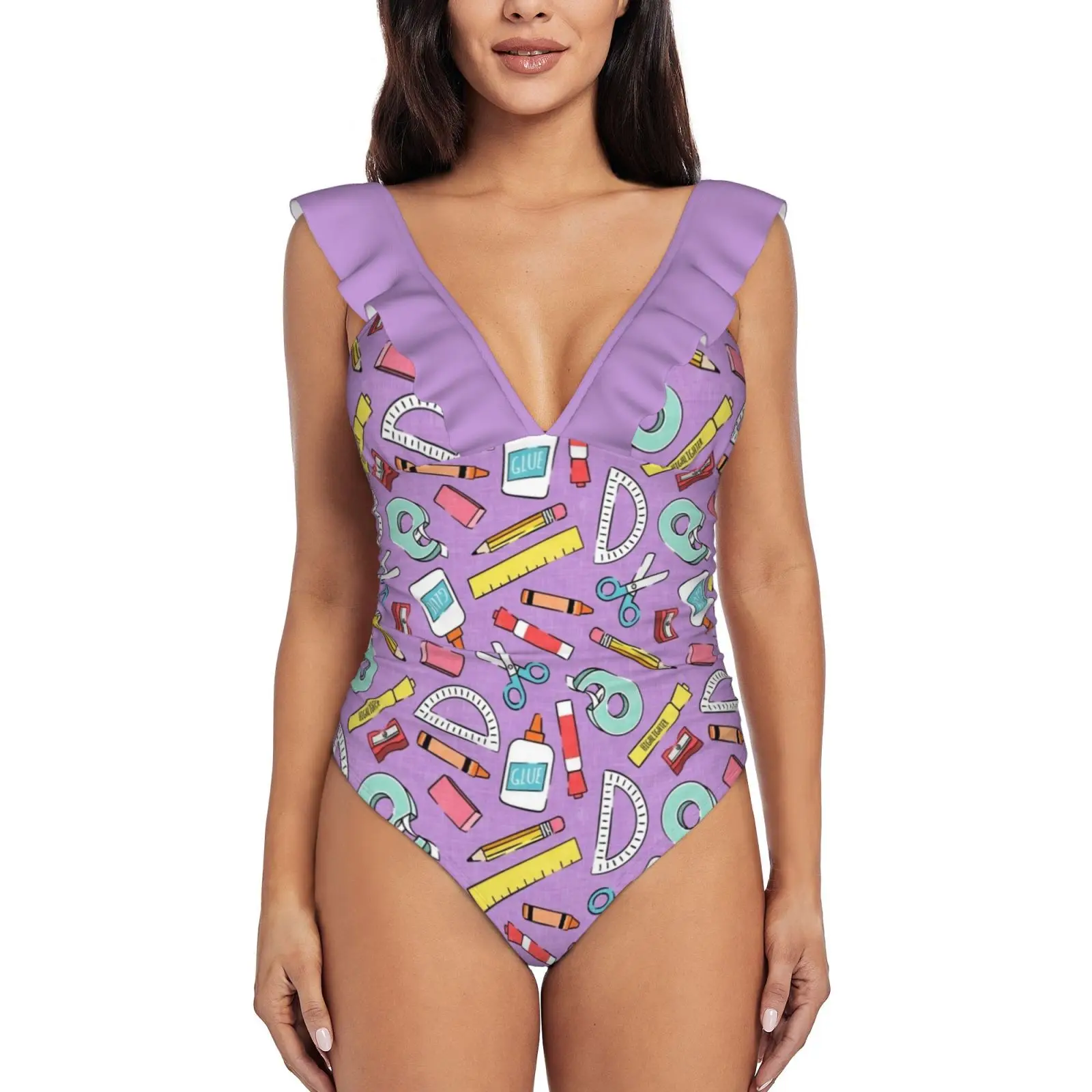 

Школьные принадлежности-обратно в школу-учитель-фиолетовый сексуальный купальник с оборками и принтом, Женский цельный купальник, Женский ...