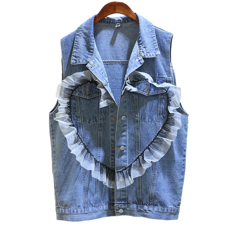 

Korean Mesh Splicing Denim Vest Women Waistcoat Loose Casual Mid Length Cowboy Sleeveless Jacket Big Pocket Jeans Vest Female