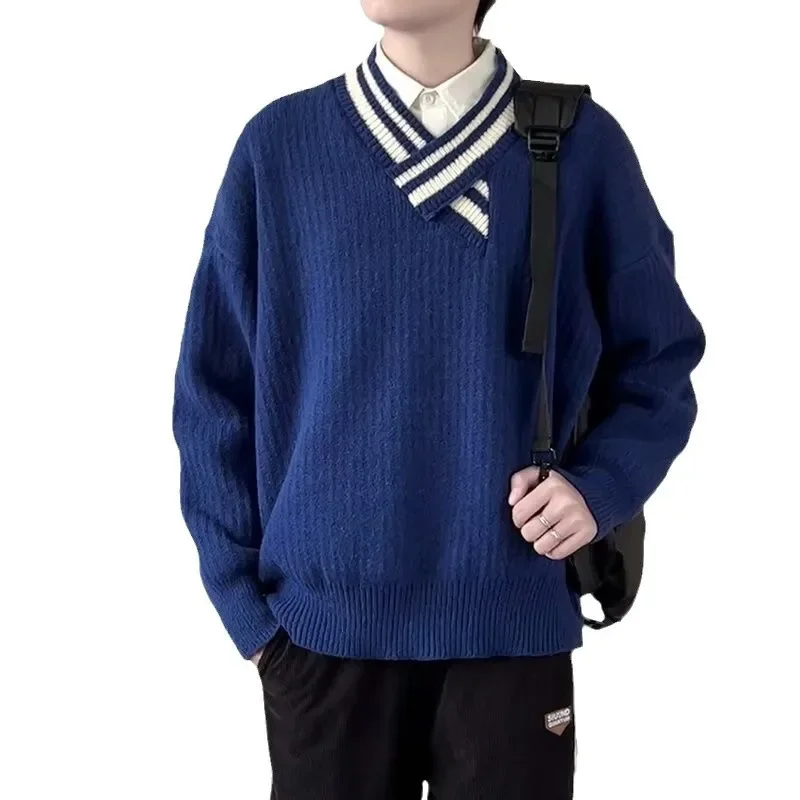 Мужской вязаный свитер с длинным рукавом повседневный модный свободный пуловер