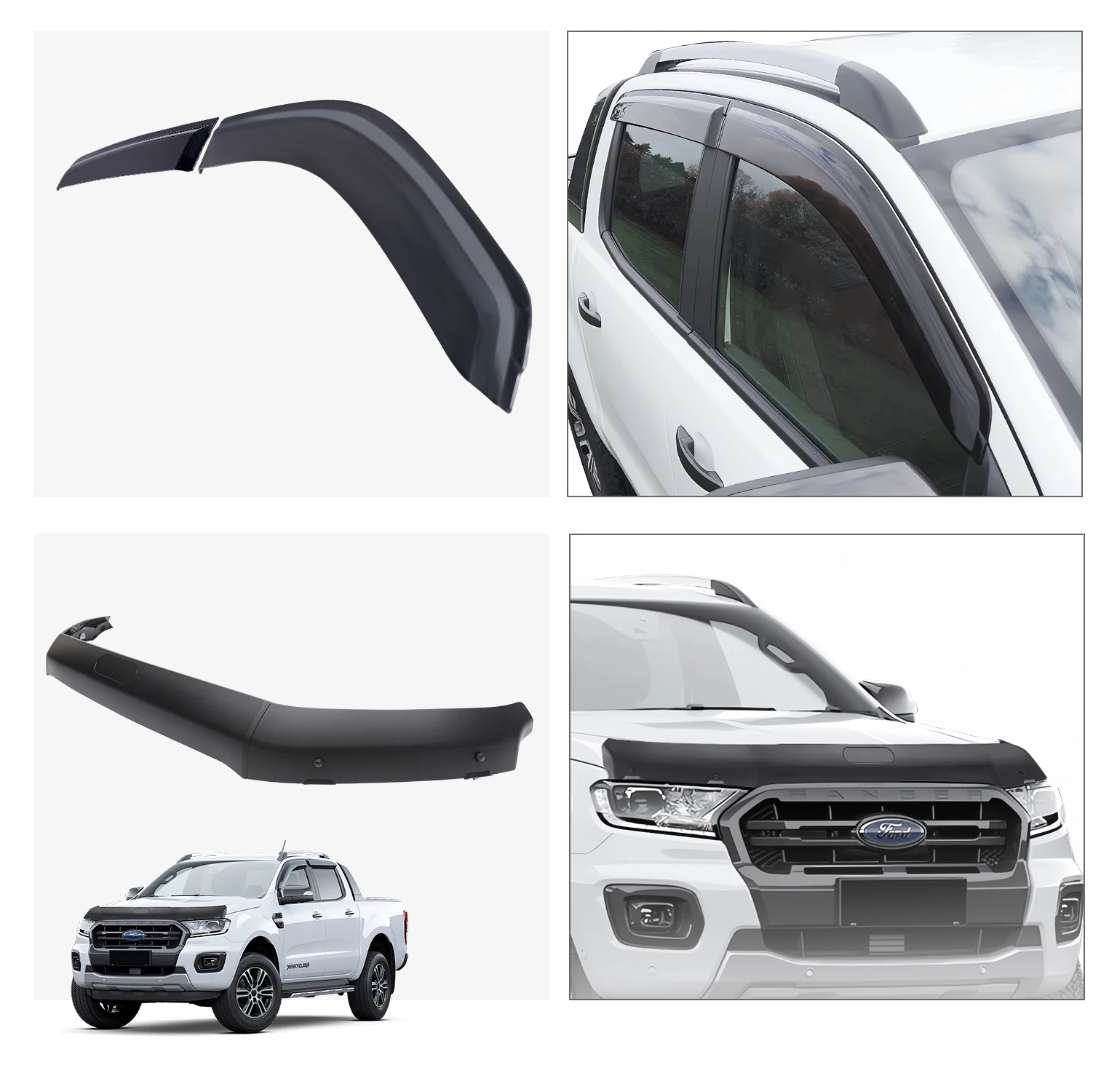 Набор ветровых щитков для оконного козырька + комплект защиты капота Ford Ranger T7 T8