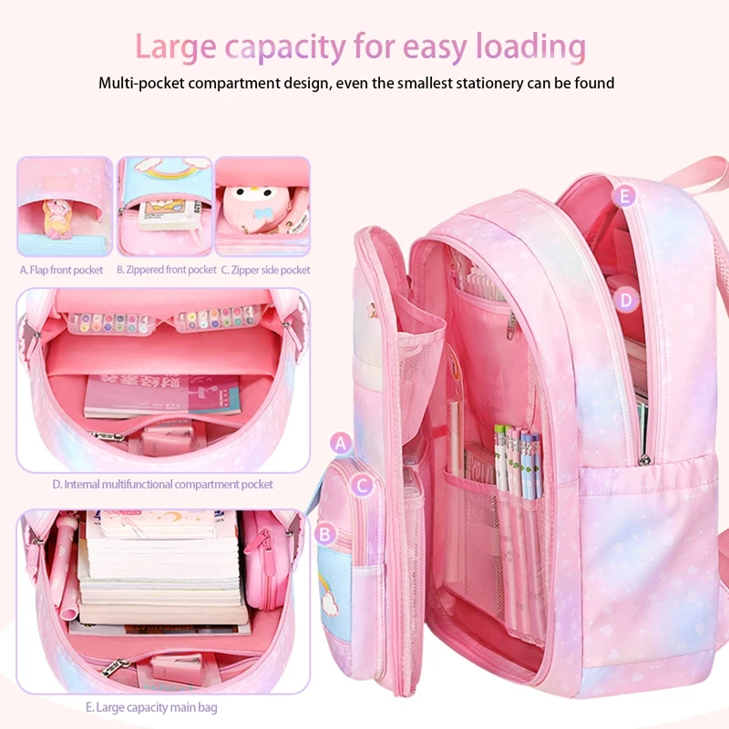 Side-Opening School Bags Waterproof School Backpacks for Girls Gradient Color Princess Backpack Kids Schoolbag Primary Mochilas