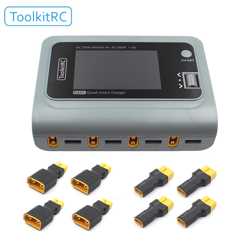 ToolkitRC Q4AC 4 x 50W 5A 1-4S Lipo AC 100W DC Smart Lithium Battery Balance Charger with XT30 / XT60 Interface 4 Channel Output