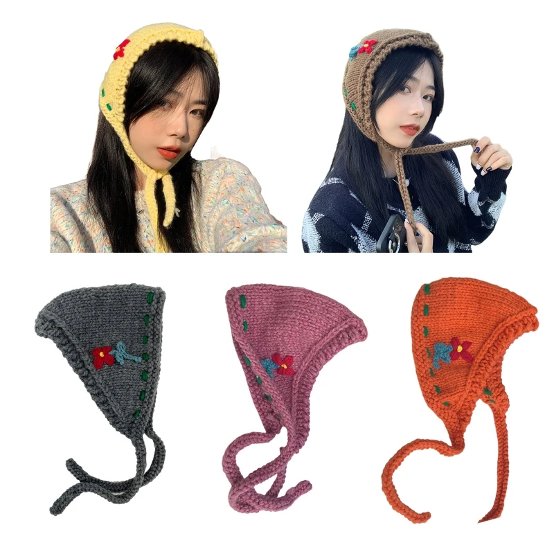 

E9LC Windproof Knitted Triangle Headband Girls Flower Adjustable Crochet Head Scarf