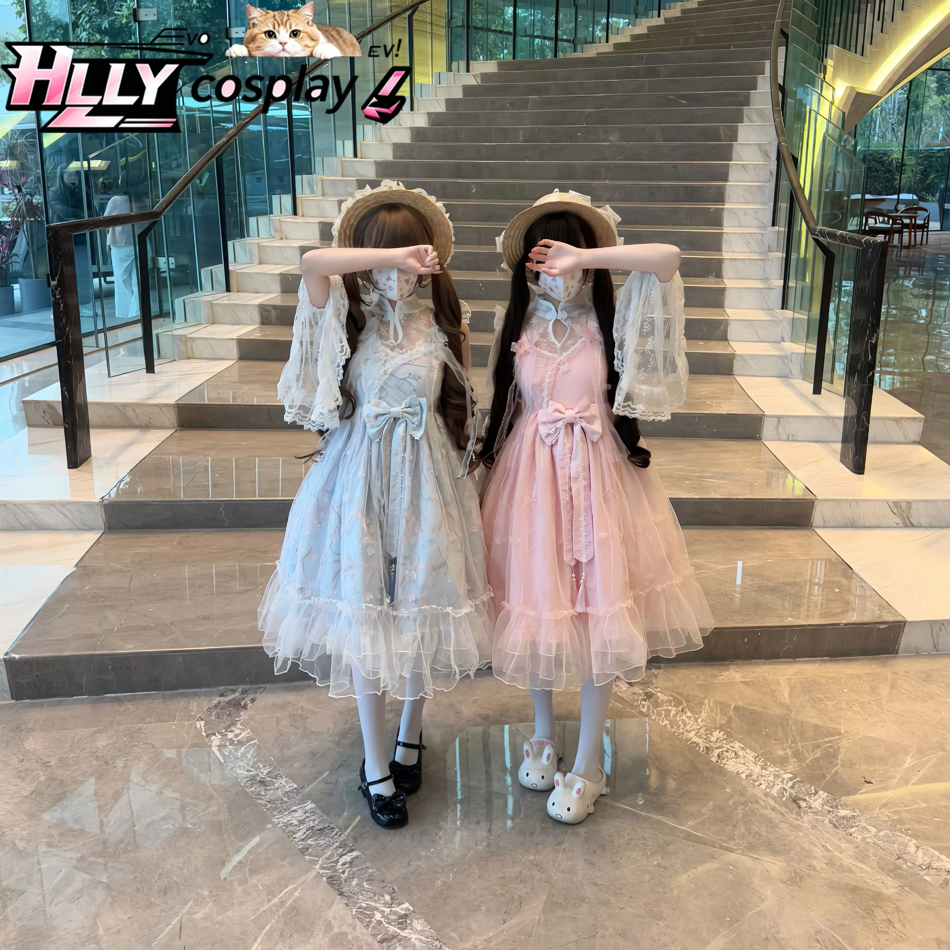 Фото Новое оригинальное платье JSK в китайском стиле Sweet Lolita для женщин и девушек, розовое, синее, многослойное, с кружевом, оборками, бантом на талии, на бретельках, весна-осень №1