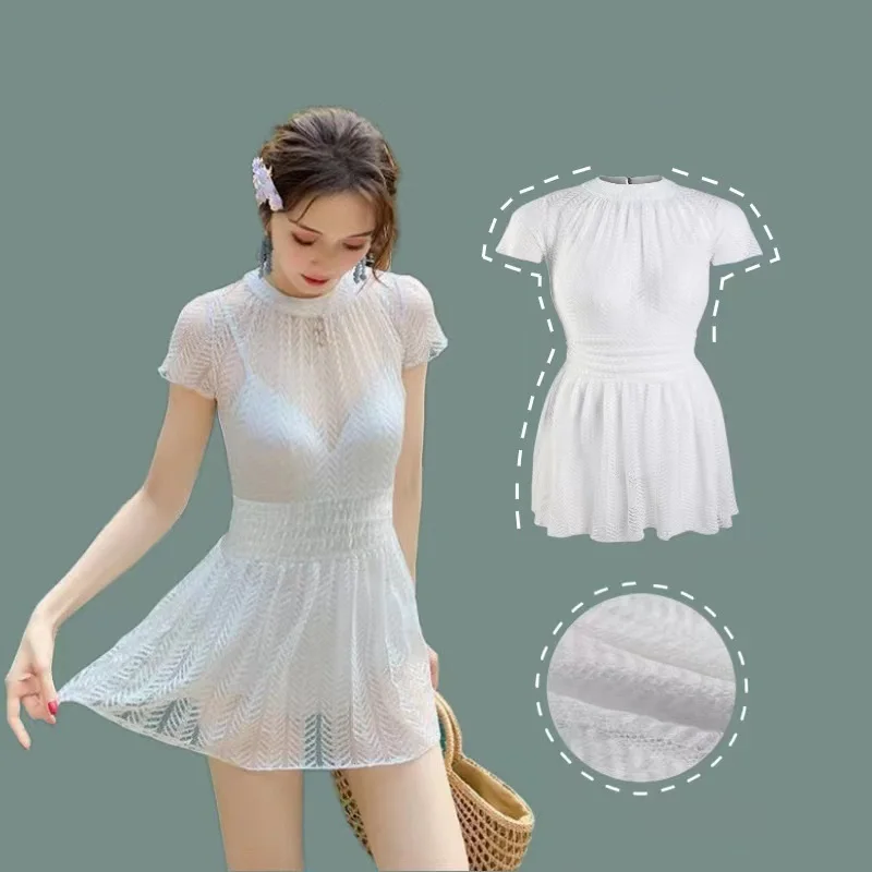 

2023 Korea Style Women One Piece Swimsuit Solid Swimwear High Cut Monokini Lace Bathing Suit Pads Swimskirt Holiday Beachwear