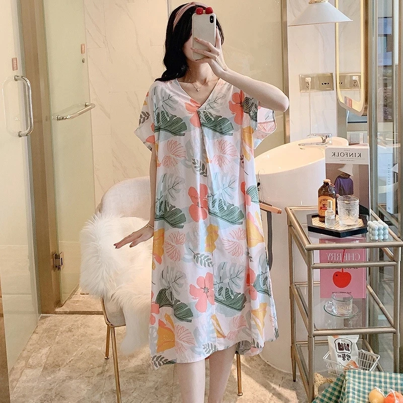 Floral Print Women Nightie Knee Length V Neck Short Sleeve Summer Thin Ladies Nightgowns Home Clothes Sleepwear for Female