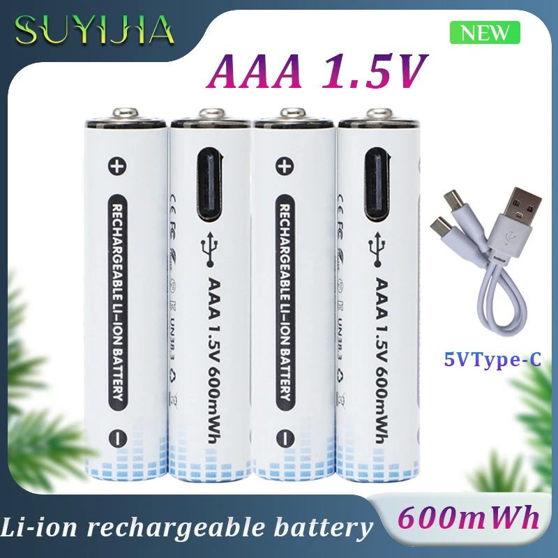 

AAA 1.5V 600mWh Rechargeable Battery Learning Machine No.7 Lithium Battery USB Type-c Fast Charge Toys Remote Controller Battery