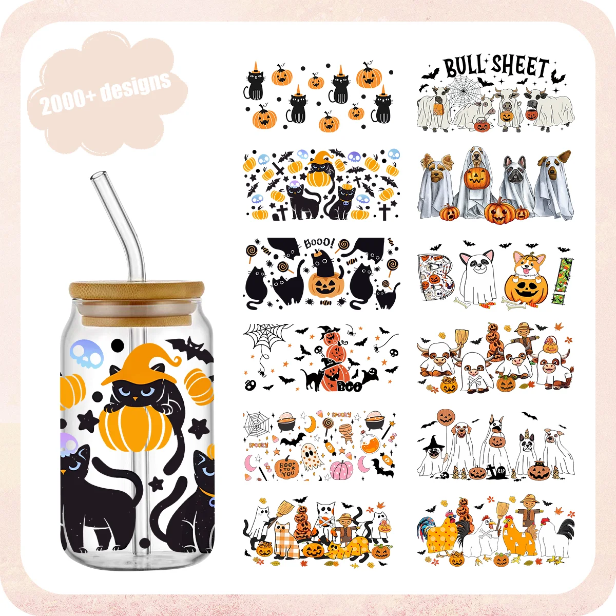 3D UV DTF Хэллоуин Тыква призрачная летучая мышь наклейки 16 унций для рукоделия