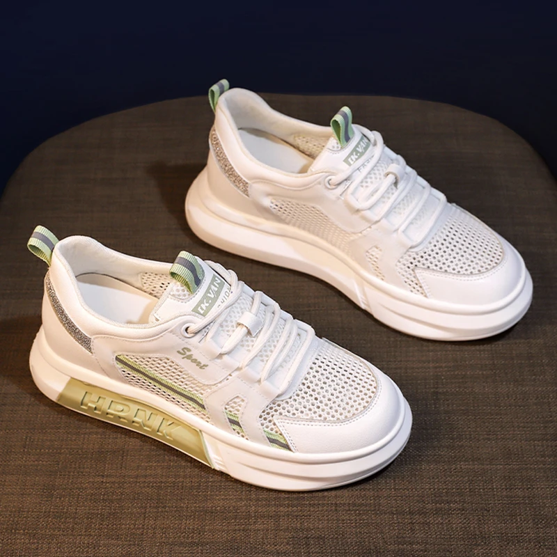 Real Soft Leather Mesh Breathable White Shoes Female Spring 2023 New  Students Casual Sports Shoes Women Shoes