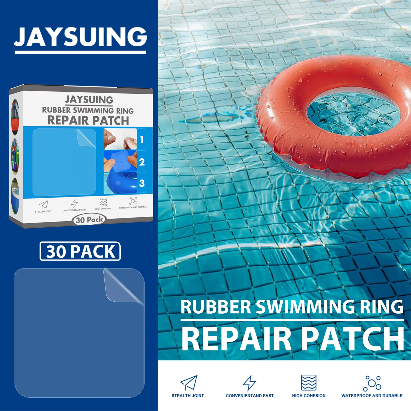 

30pcs Vinyl Pool Patch Kit 6x6cm Waterproof Self-Adhesive Repair Patches for Swimming Pools Tent Air Mattresses Iatable Boats