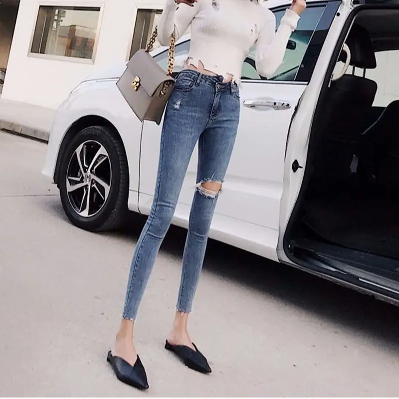 

Штаны-карандаш стрейч из денима женские рваные узкие джинсы с завышенной талией с дырками симпатичная уличная одежда повседневные разбиты...