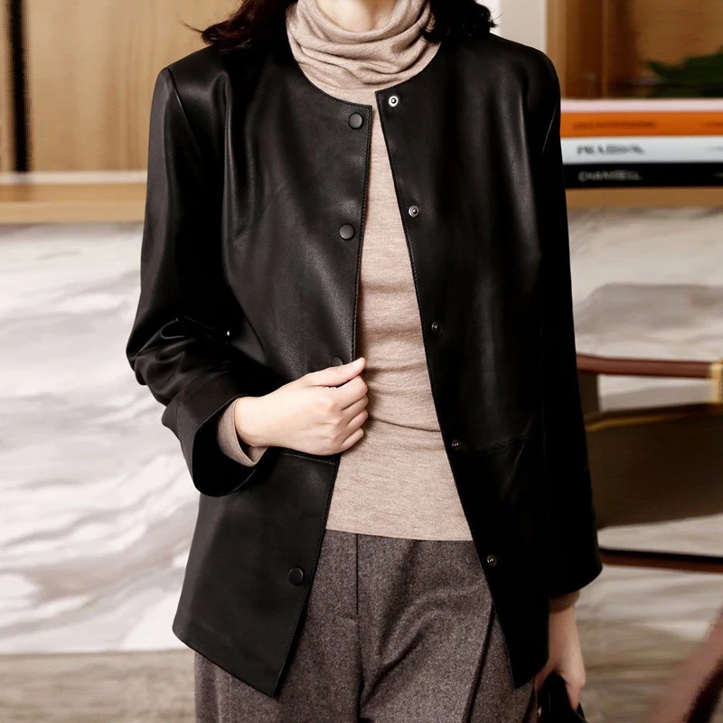 Solid Basic Women Pu Leather Jackets Office Ladies korean  Leather Coats Single Breasted O-Neck Soft  Female Leather Jackets
