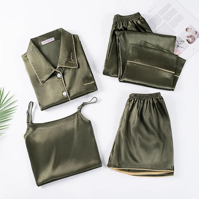 Women's Pajamas Set Full Sleeve T-shirt Long Pants 4Piece/Set Sexy Rayon Silk Pyjama Mom Homewear Cozy Plus Size Loose Sleepwear