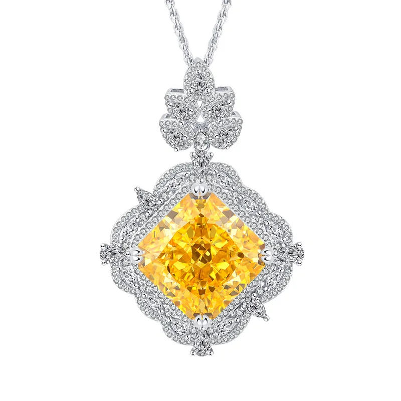 

SpringLady 925 Sterling Silver Crushed Ice Cut 18MM Sapphire Citrine Gemstone Sparkling Pendant Necklace Fine Jewelry Gift