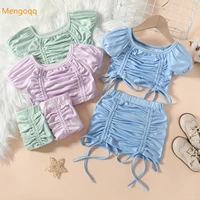 children girls summer short sleeve tape pleat top t shirts skirts kids baby fashion solid clothing set 2pcs 12m 5y