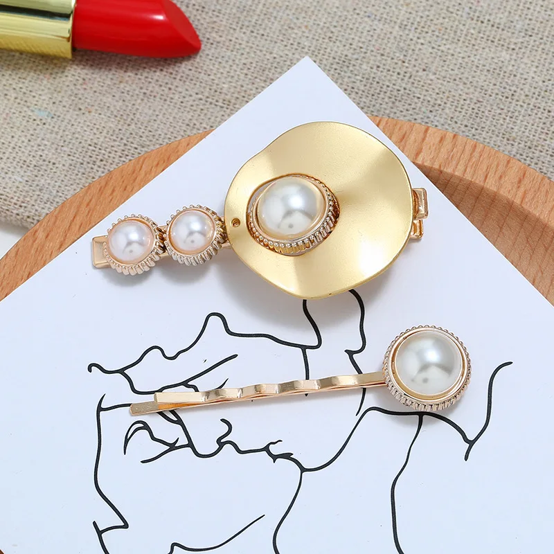 

Retro 2Pcs/Set Fashion Women Pearl Metal Hair Clips Geometric Champagne Gold Plating Hairpin Hair Styling Accessories Headdress