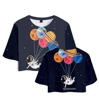 2022 womens t shirt summer student fashion tops sexy navel short sleeve cartoon space print basics chic casual y2k clothes