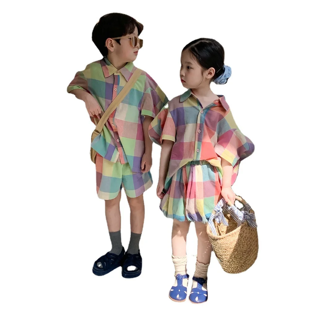 

Summer siblings colorful plaid clothes sets Boys short sleeve shirt and shorts Girls shirt and pantskirt Kids Outfits