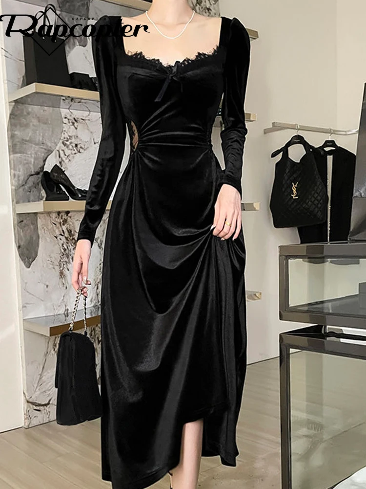 

Rapcopter y2k Lace Elegant Long Dress Bow Square Collar Cut Out Pleated Dress Women Retro Night Full Sleeve Korean Party Grunge