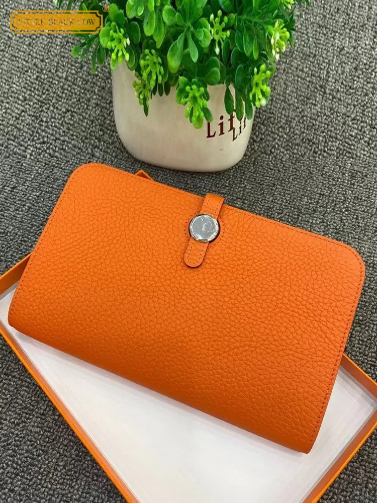 New Genuine Leather Women Long Wallet Casual Buckle Solid Color Purse Ladies Collect Wallet Card Holder Real Cowhide Clutch Bag