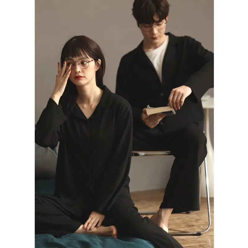 QWEEK Women's Long Sleeve Top Couple Pajamas Solid Color Black Two Piece Set Pijamas Trouser Suits Spring Homewear Home Clothes
