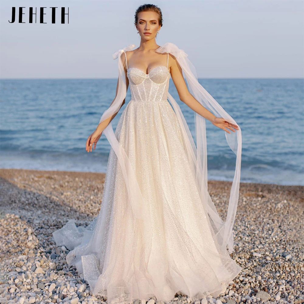 

JEHETH Sweetheart Backless Glitter Tulle Beach Wedding Dress Ribbon Spaghetti Straps A-Line Bridal Gown vestidos de novia 2022