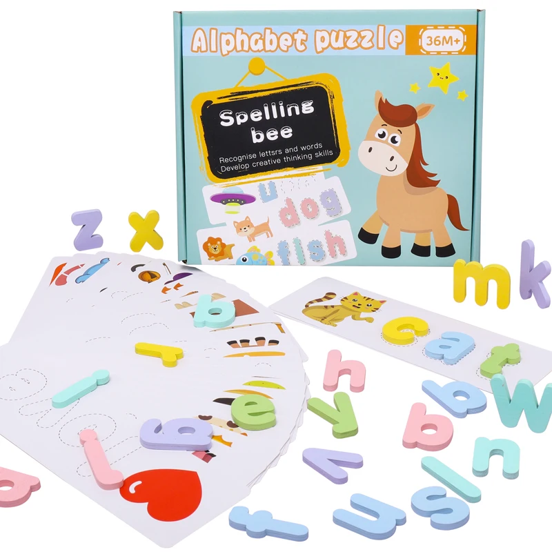

26Pcs Kids Cartoon Learning Cards Wooden Spelling Words Puzzles Toys Lowercase English Alphabet Letters Toys Gifts for Children