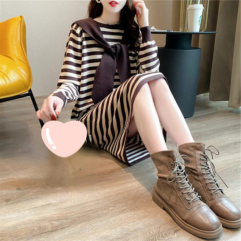 

New Woman Elegant O-neck Dress Autumn Female Long Sleeve Knitted Sweater Dresses Vestidos Ladies Stripe Loose Clothings A144