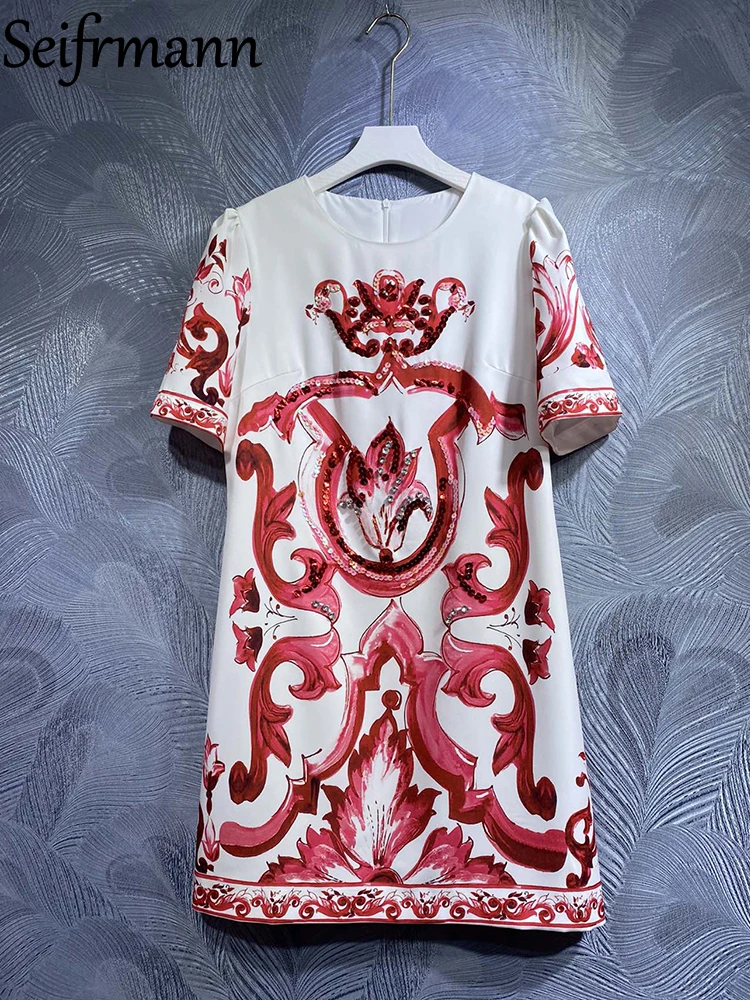 Seifrmann High Quality Summer Women Fashion Designer Mini Dress Short Sleeve Beading Red And White Porcelain Printing Dresses