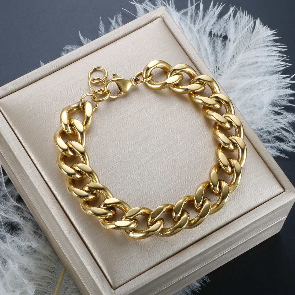 

Dubai Cuban Thick Chain Bracelet Stainless Steel Gold Plated for Women Men Waterproof Party New Fashion Jewelry Wholesales