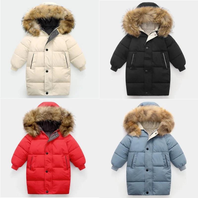 

Fur Collar Hood Down Cotton Jackets Winter Kids Boys Girls Long Coat Teen Overcoat Outdoor Sports Windproof Snowsuit For 3-10 Y