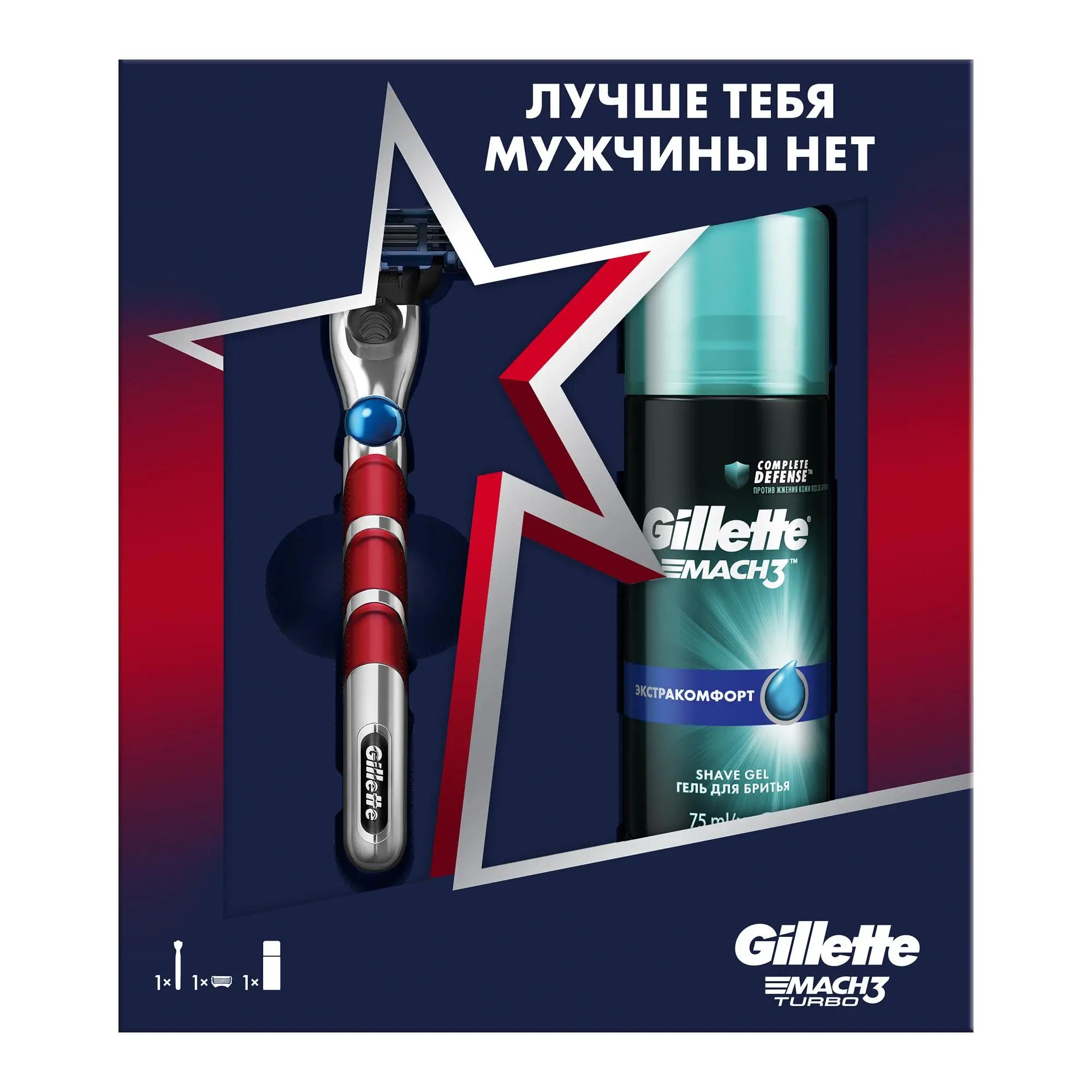 Подарочный набор мужской Gillette Mach3 Turbo бритва с 1 кассетой + гель для бритья Gillette