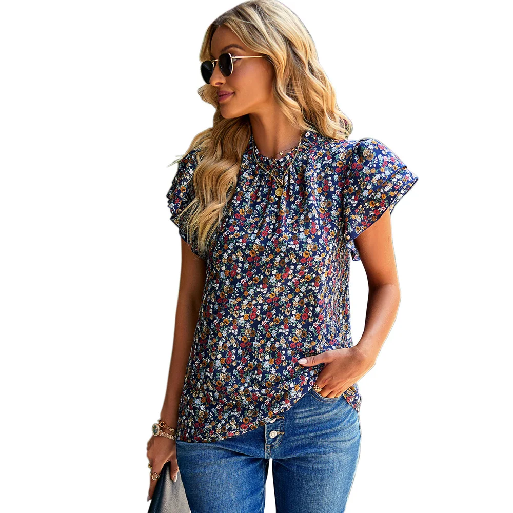 

Блузка женская с коротким рукавом, повседневный винтажный топ с цветочным принтом, Модный пуловер, топ, рубашка, лето 2023