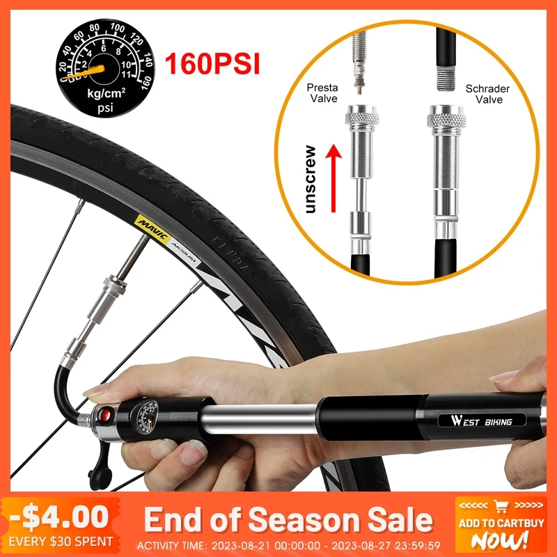 WEST BIKING Portable Hand Bicycle Pump With Gauge 120 -300 PSI Aluminium Presta Schrader Valve Cycling High Pressure Inflator