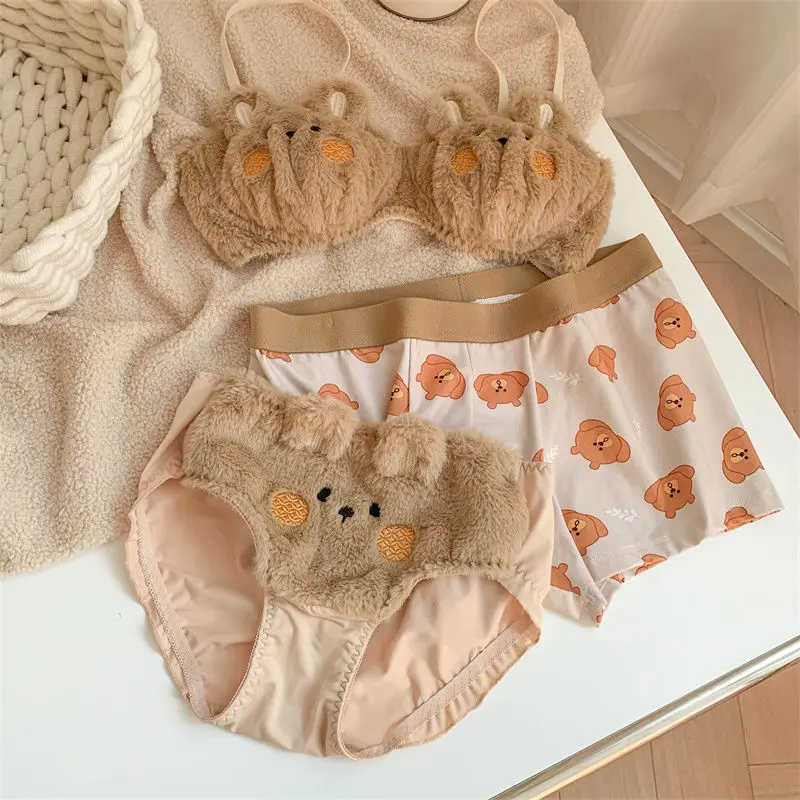 Winter Plush Lingerie For Women Girls Cute Bear Underwear Bra Sets Japanese Sexy Wireless Thin Bra Soft Ropa Interior Femenina