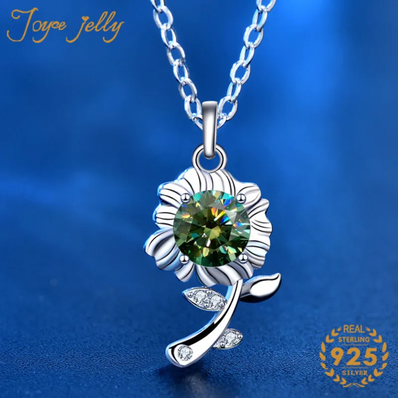 

JoyceJelly 925 Sterling Silver Green Sunflower Flower Moissanite Vintage Delicate Pendant Necklace Jewelry Valentine's Day Gift