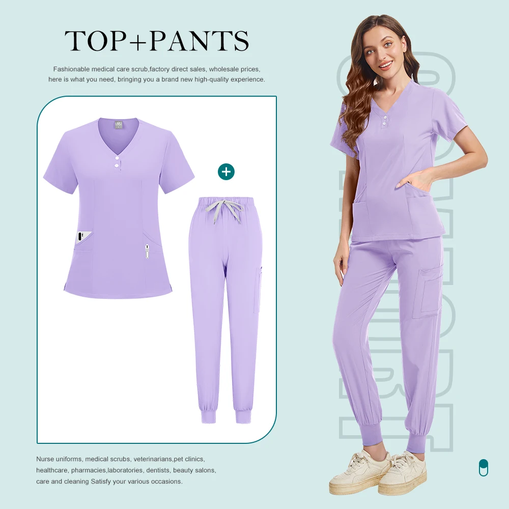 Nurse Women Casual Short Sleeved Apparel Top Pharmacy Working Medical Uniforms Hospital Doctor Nursing Uniform V-neck Jogger Set